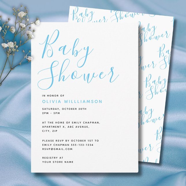 Modern Blue Boys Baby Shower Invitation (Simple and elegant, modern blue baby shower invitation with script typography. )