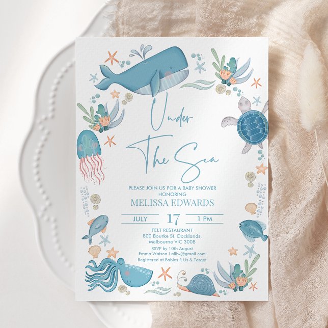 Modern Blue Boys Ocean Under The Sea Baby Shower  Invitation (Under The Sea Baby Shower Invitation Template Blue, Editable Ocean Themed Baby Shower Invitation)
