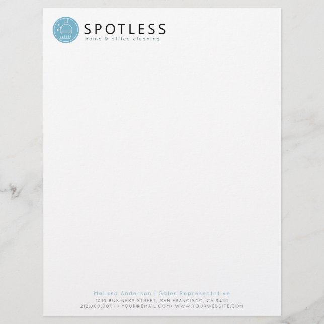Modern Blue Broom Logo Cleaning Service Custom Letterhead (Front)