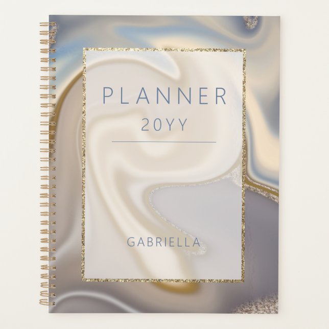 Modern Blue Brown & Gold Abstract Planner (Front)