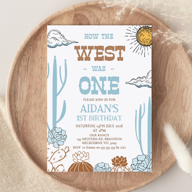 Modern Blue Brown How the West Was One Birthday Invitation (Modern How The West Was One Birthday Invitation Boy, Retro Wild West Western Themed 1st Birthday)