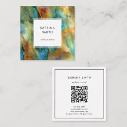 Modern Blue Brown Watercolor Abstract QR Code Square Business Card