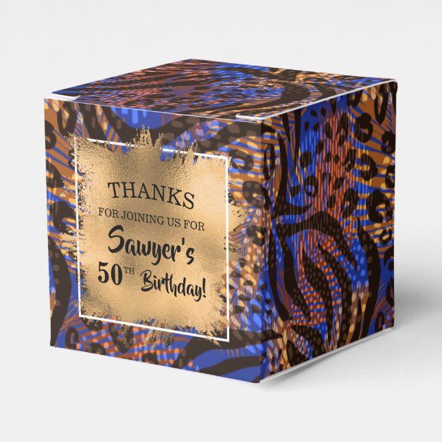 Modern Blue Brown Wild Animal Print Favour Box (Front Side)
