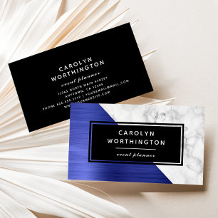 Modern Blue Brushed Foil White Marble Black Business Card
