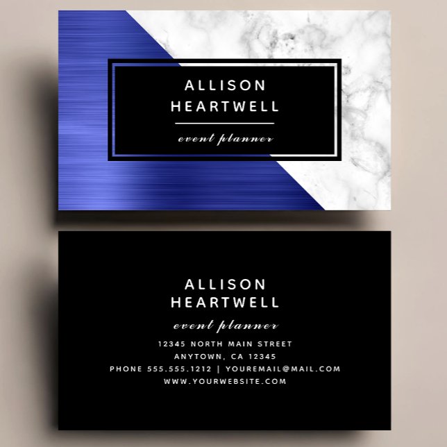 Modern Blue Brushed Metal White Marble Black Business Card (Creator Uploaded)