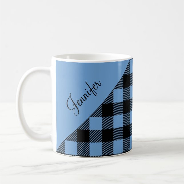 Modern Blue Buffalo Plaid Check Pattern Name Coffe Coffee Mug (Left)