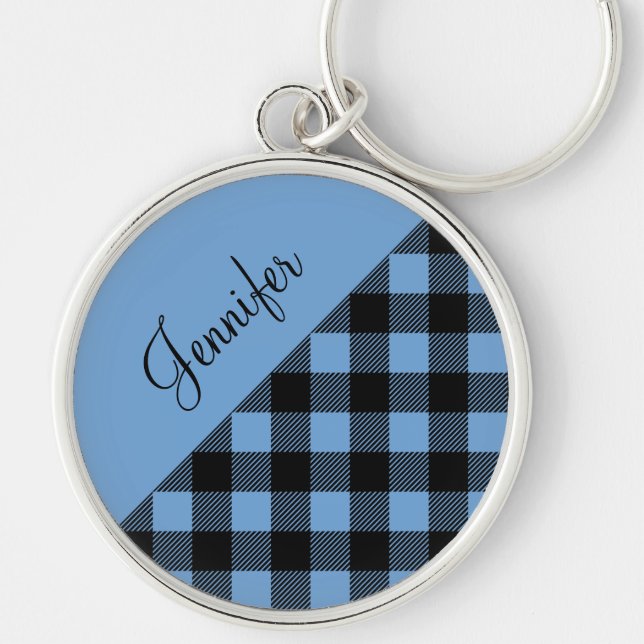 Modern Blue Buffalo Plaid Check Pattern Name Key Ring (Front)