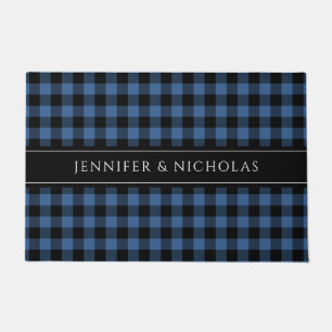 Modern Blue Buffalo Plaid Name Doormat