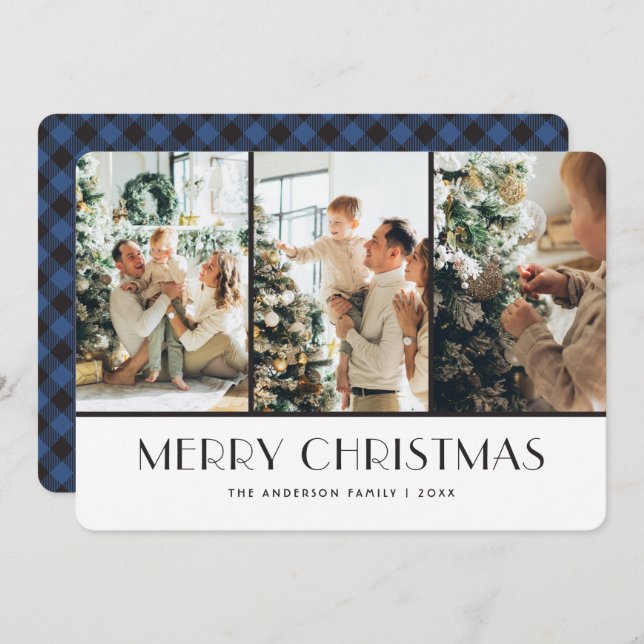 Modern Blue Buffalo Plaid Photo Christmas Cards (Front/Back)