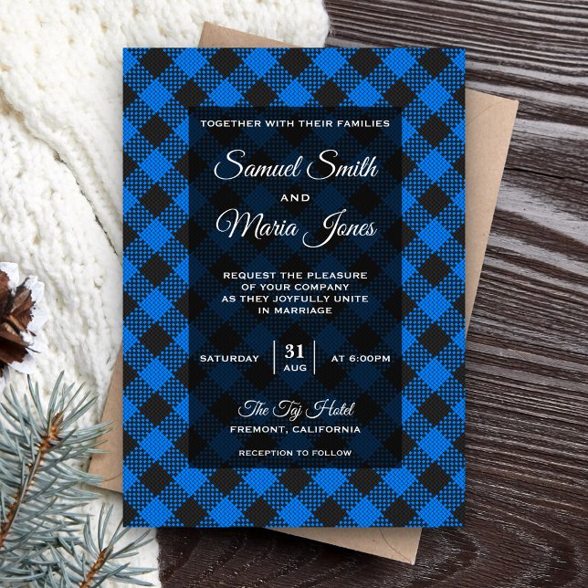 Modern Blue Buffalo Plaid Wedding Invitation (Creator Uploaded)