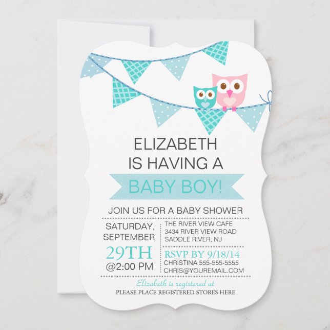 Modern Blue Bunting Pennant Owl Boy Baby Shower Invitation (Front)
