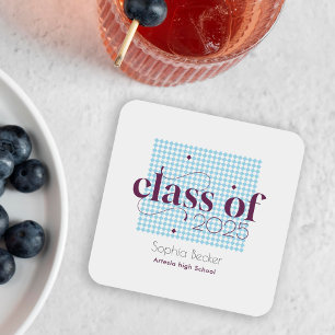 Modern Blue Burgundy Graduation Cap Pattern Square Paper Coaster
