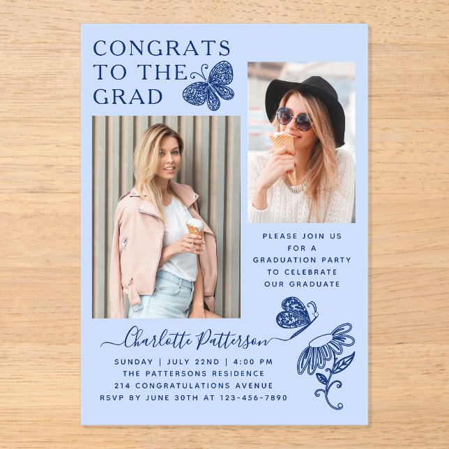 Modern Blue Butterfly Photo Graduation Party Acrylic Invitations (Front)