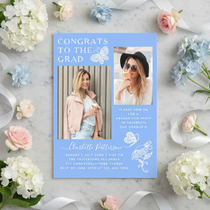 Modern Blue Butterfly Photo Graduation Party Acrylic Invitations