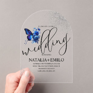 Modern Blue Butterfly Script Minimal Wedding Acrylic Invitations