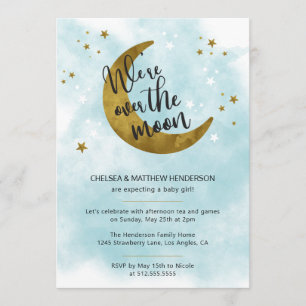 Modern Blue Calligraphy Over The Moon Baby Shower Invitation