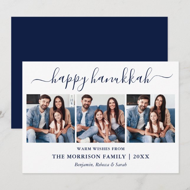 Modern Blue Calligraphy Script Hanukkah 3 Photo  Holiday Card (Front/Back)