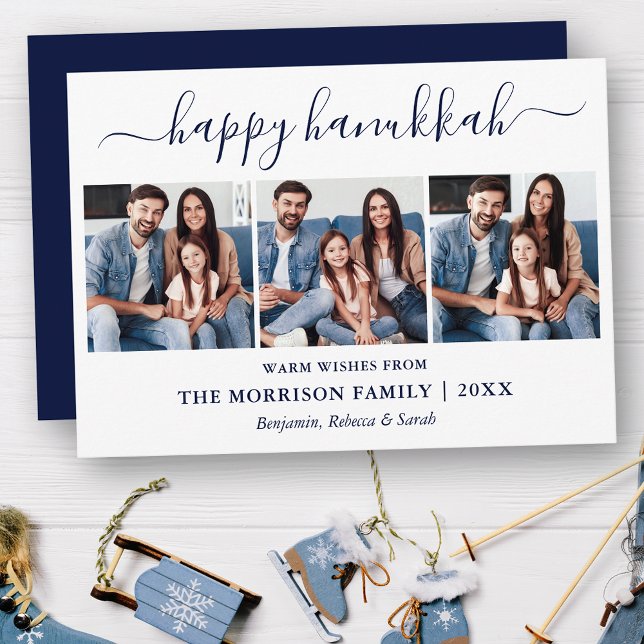 Modern Blue Calligraphy Script Hanukkah 3 Photo  Holiday Card (Customize to add text to back of card.)
