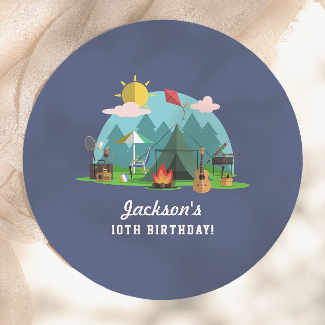 Modern Blue Camping Birthday Party Paper Plate (Creator Uploaded)