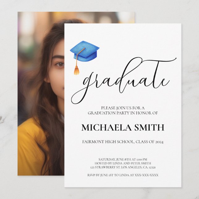Modern Blue Cap High School Photo Graduation Party Invitation (Front/Back)