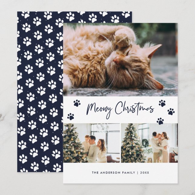 Modern Blue Cat Owner Photo Meowy Christmas Card (Front/Back)