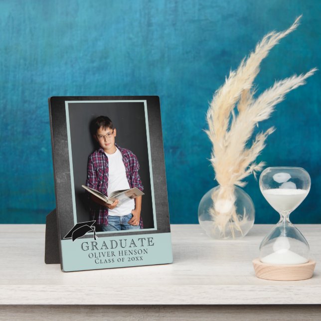 Modern Blue Chalkboard Graduation Graduate Photo Plaque (Side)