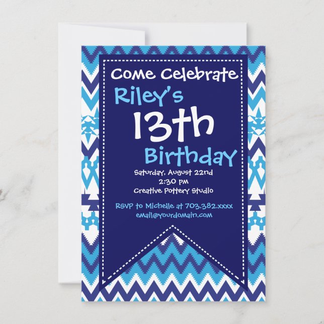 Modern Blue Chevron Birthday Party Invitations (Front)