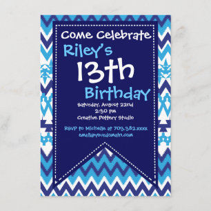 Modern Blue Chevron Birthday Party Invitations