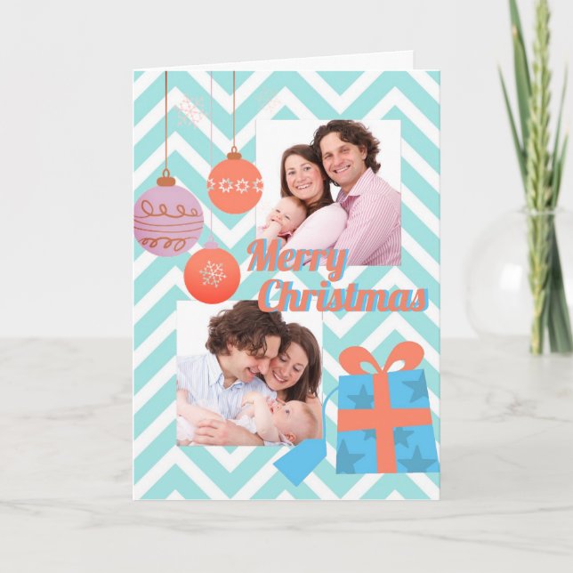Modern Blue Chevron Custom Photo Christmas Holiday Card (Front)
