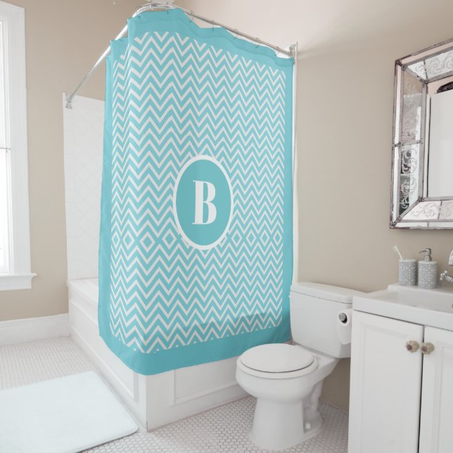 Modern Blue Chevron Monogram Baby Nursery Bath  Shower Curtain (In Situ)