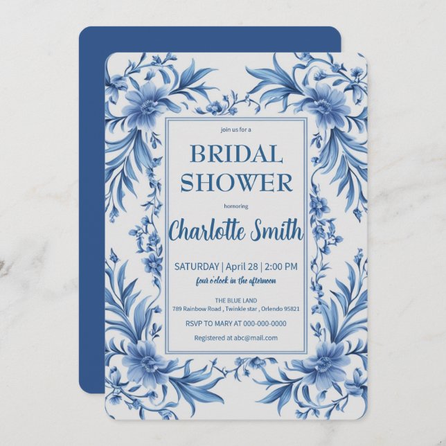 Modern Blue Chinoiserie Floral bridal shower Invitation (Front/Back)