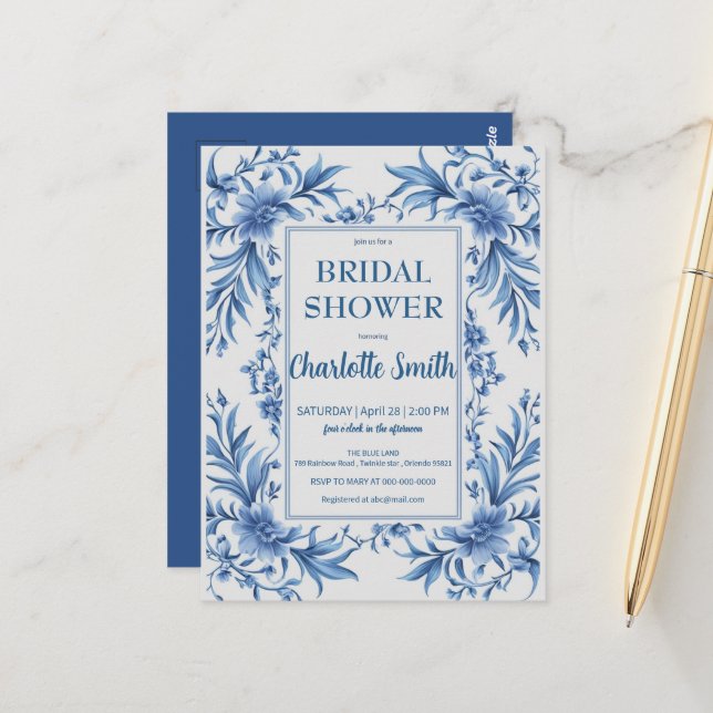 Modern Blue Chinoiserie Floral bridal shower Postcard (Front/Back In Situ)