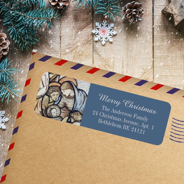 Modern Blue Christian Merry Christmas Nativity (Modern Blue Religious Christian Catholic Merry Christmas Nativity Holiday Return Address Labels)