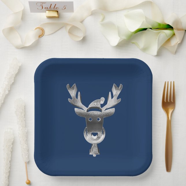 Modern Blue Christmas Faux Silver Reindeer Paper Plate (Wedding)