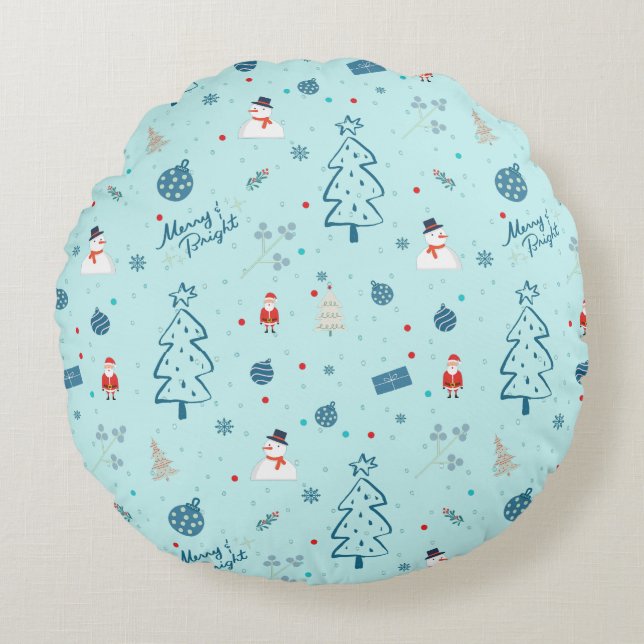 Modern Blue Christmas Pillow – Santa & Snowmen  (Front)