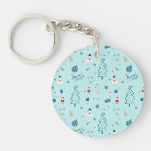 Modern Blue Christmas Pillow – Santa & Snowmen Key Ring