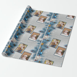Modern Blue Christmas Tree 2 Photo Merry Christmas Wrapping Paper