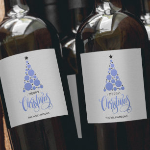 Modern Blue Christmas Tree Holiday Wine Label
