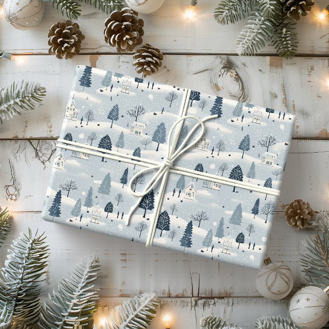 Modern Blue Christmas Village  Wrapping Paper (Creator Uploaded)