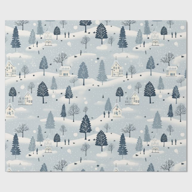 Modern Blue Christmas Village  Wrapping Paper (Flat)