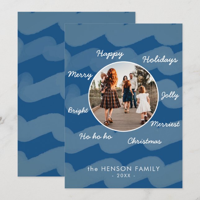 Modern Blue Christmas Wishes Family Photo  Holiday Card (Front/Back)