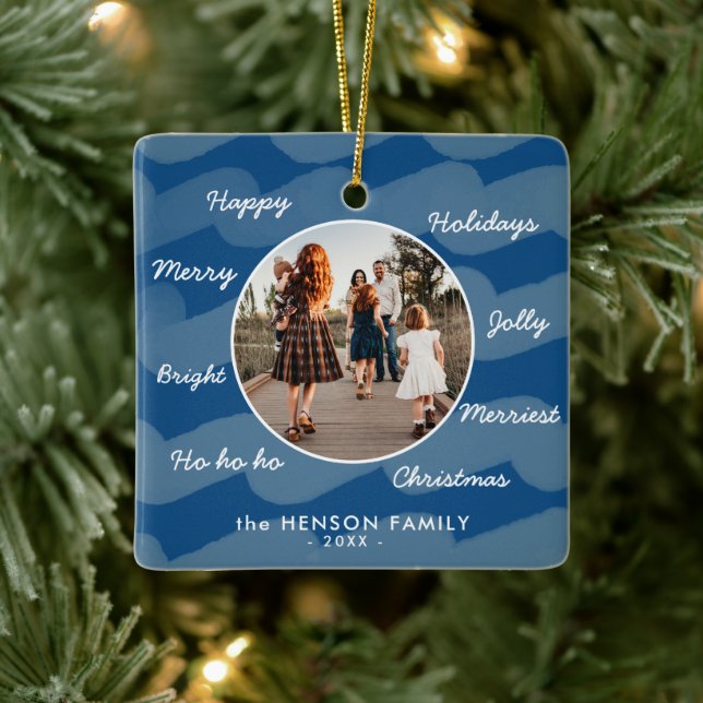 Modern Blue Christmas Wishes Family Photo Keepsake Ceramic Ornament (Tree)