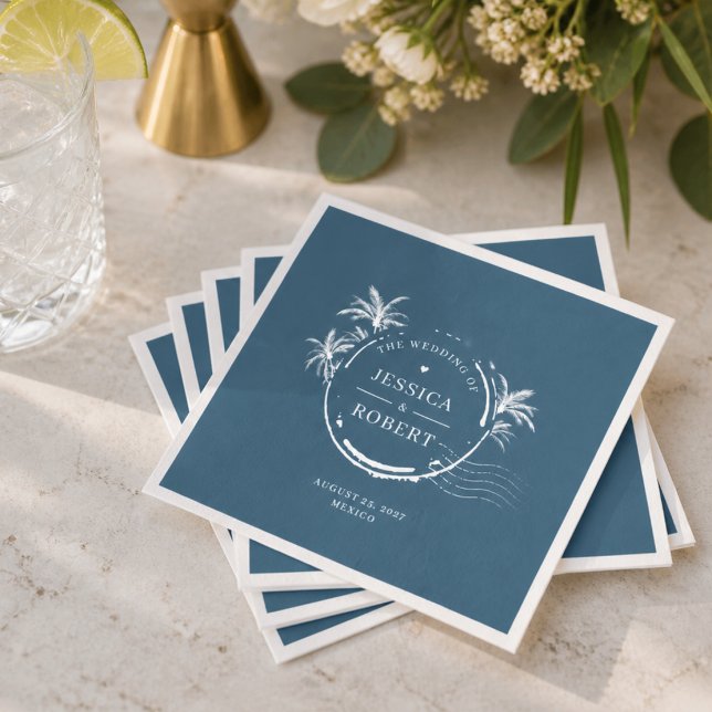 Modern Blue Coastal Stamp Wedding  Napkin (Creator Uploaded)