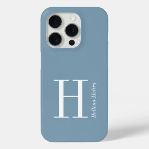 Modern Blue Coastal White Monogram Name iPhone 15 Pro Case