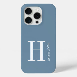 Modern Blue Coastal White Monogram Name iPhone 15 Pro Case
