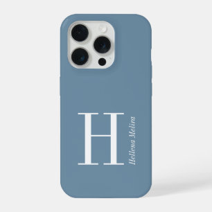 Modern Blue Coastal White Monogram Name iPhone 15 Pro Case