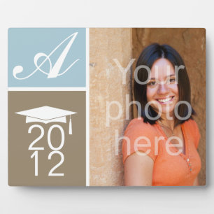 Modern blue colour block monogram graduation cap plaque