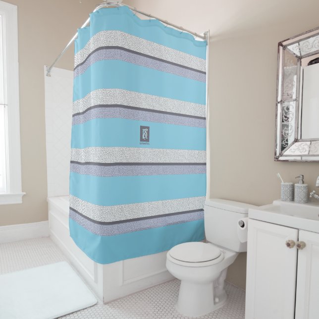 Modern Blue Colour White Mosaic Monogrammed Shower Curtain (In Situ)