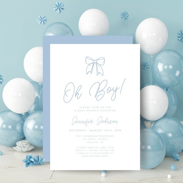 Modern Blue Coquette Bow Boy Baby Shower Invitation (Cute Blue Coquette Bow Boy Baby Shower Invitation)