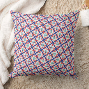 Modern Blue & Coral Geometric Diamond Lattice Cushion